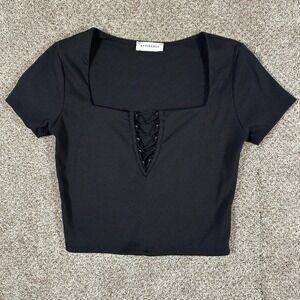 Attirance Black Ribbed Lace-Up Square Neck Crop Top Short Sleeve